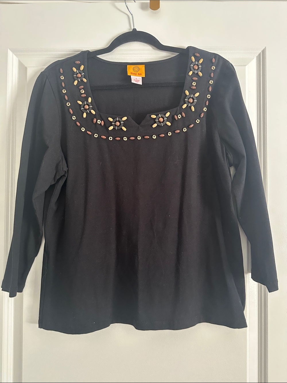 Ruby Rd. Black 3/4 Sleeve Scoop Neck Top with Bead & Floral Embellishments